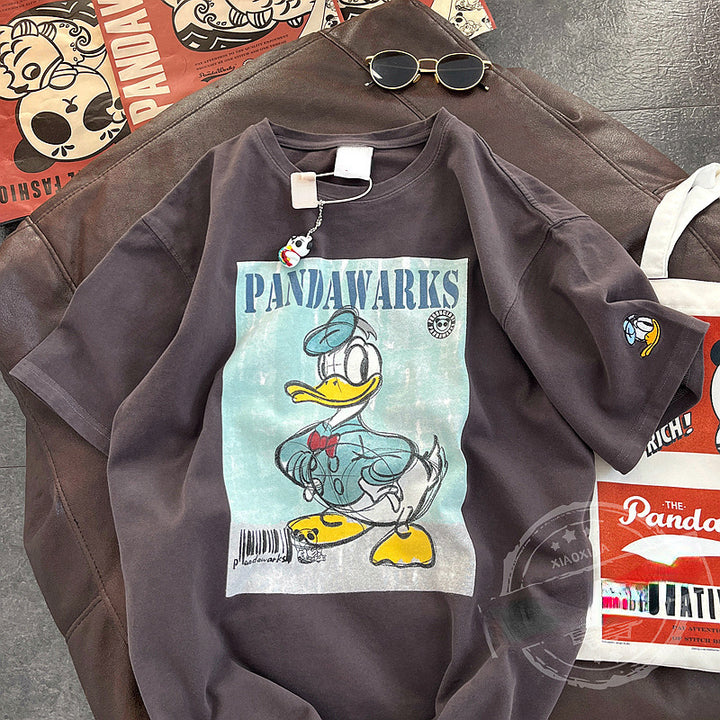 Dame T-shirt i vintage-look med kreativt cartoon-tryk Stilla