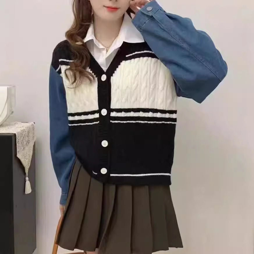 Kvinders Fashion Cardigan med Denim ærmer Stilla