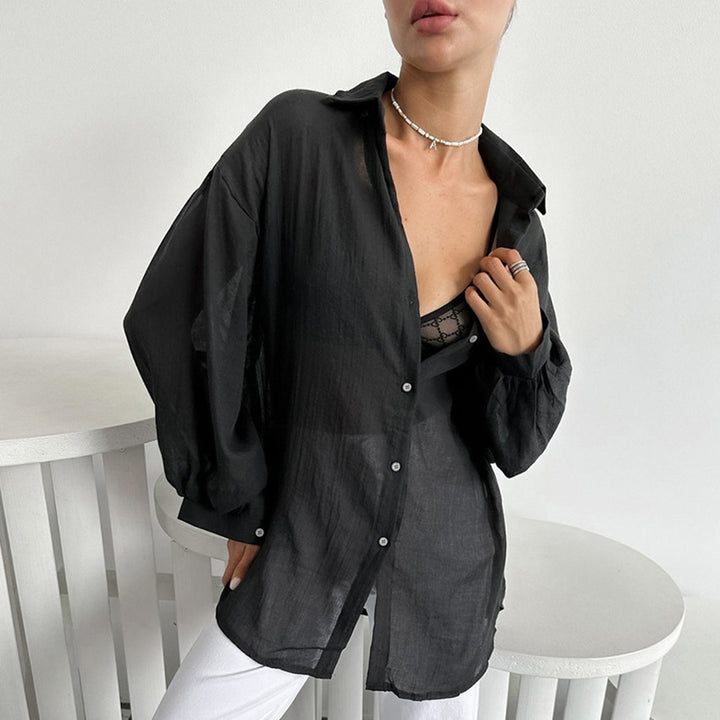 Dame Oversized Skjorte bluse i let linenmix med lange ærmer og moderne snit Stilla