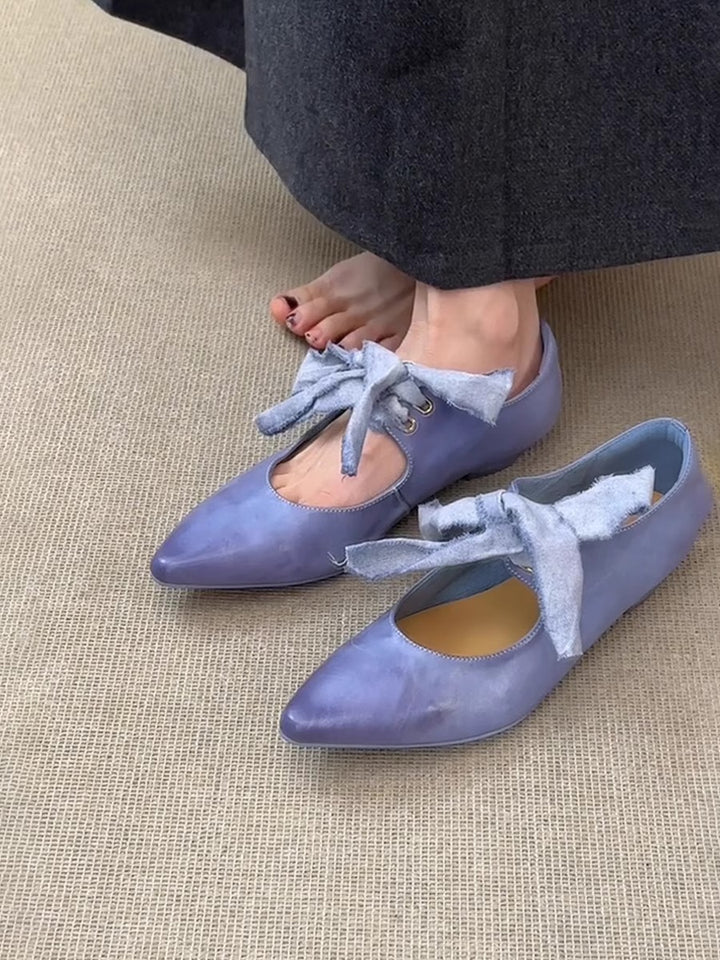 Dame Ballerina Flade Sko med Spids Tåområder og Dekorativ Sløjfebånd Stilla