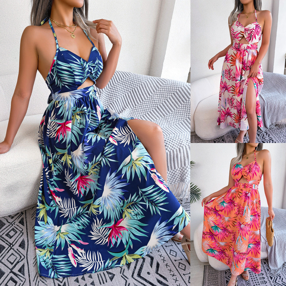 Dame maxikjole med tropisk print og cut-out design Stilla