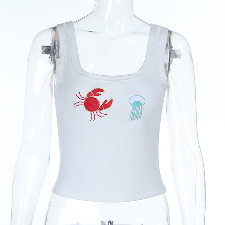 Dame Crop-Top med maritime broderier Skovae