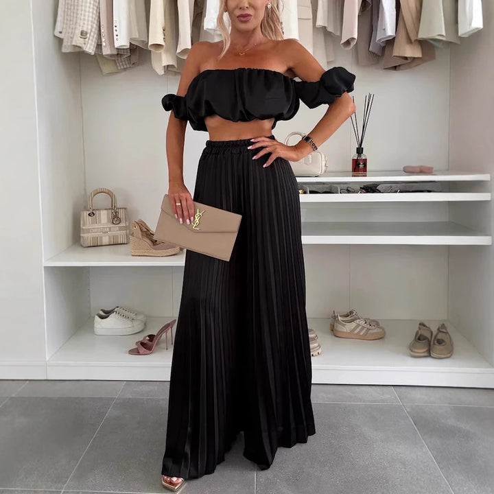 Dame Plisse-bundlang Skirt med elastisk kant og moderne Crop-Top Stilla