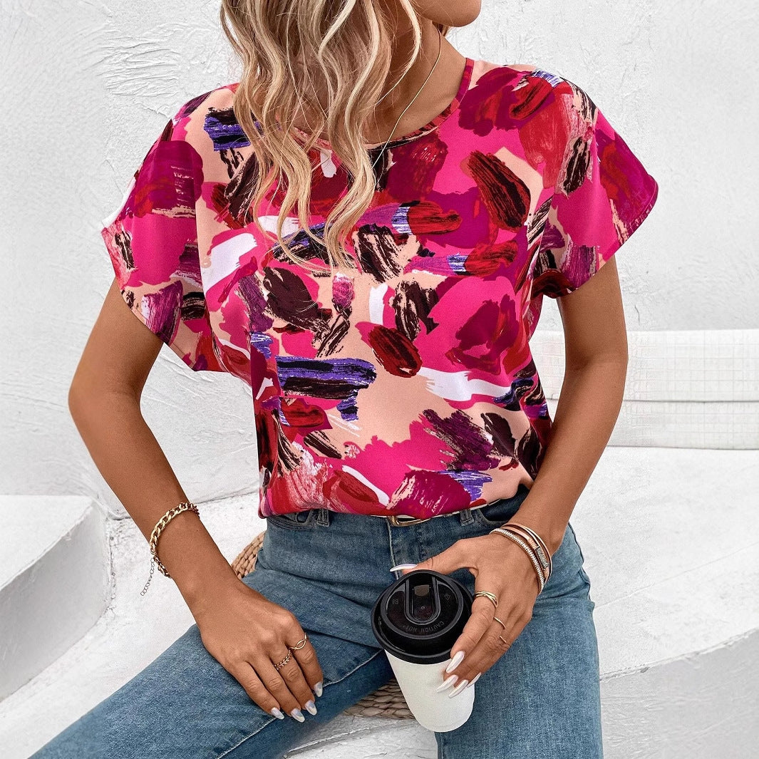 Damer løst T-shirt med kreativt farverigt penselstrøgsdesign Stilla
