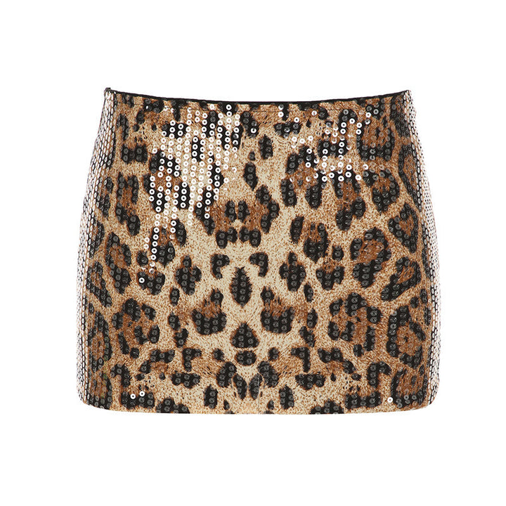 Damer glamourøs mini nederdel med pailletter og moderne leopardmønster Skovae
