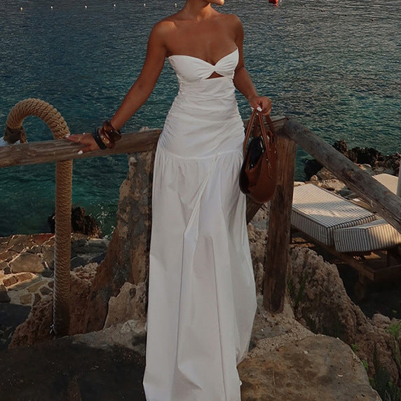 Dame Strapless Maxi Kjole med dekorativt Cut-Out og elegant Drapering Skovae