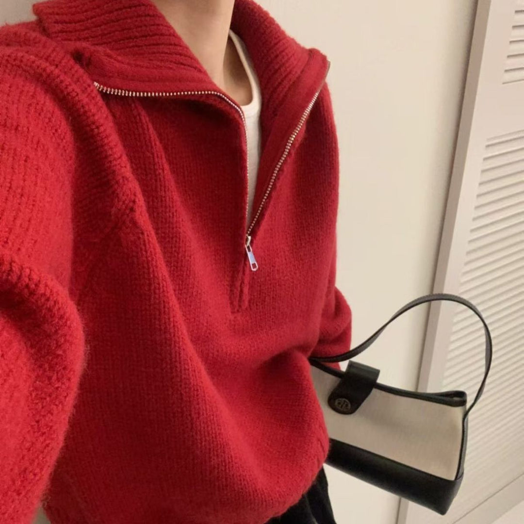 Kvinders fashionable strikket sweater med høj krave og lynlås Stilla