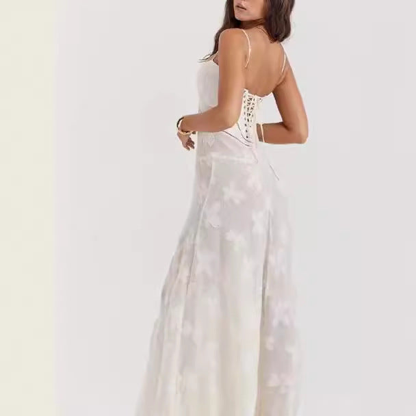 Dame Elegant Spids Maxi Kjole med sarte stropper og blomsterdesign Stilla