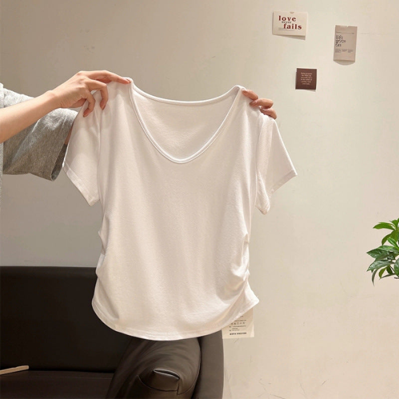 Femme Blødt V-hals Fritids T-shirt med rynkede sider Stilla