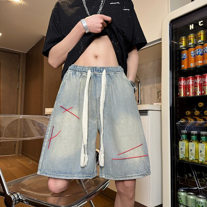 Herre Distressed Denim Bermuda-Shorts med justerbar snor Stilla