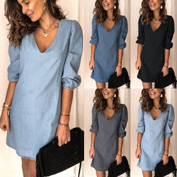Dame Stilet V-udskæring Puffærmer Kjole Stilla
