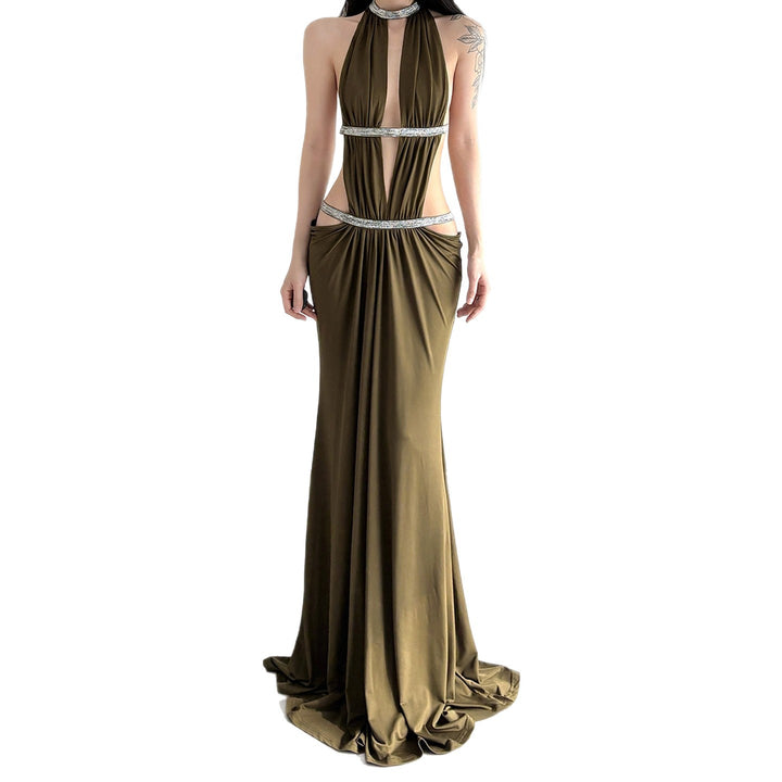 Damen elegantes Cut-Out Maxikleid mit Glitzerakzenten Skovae