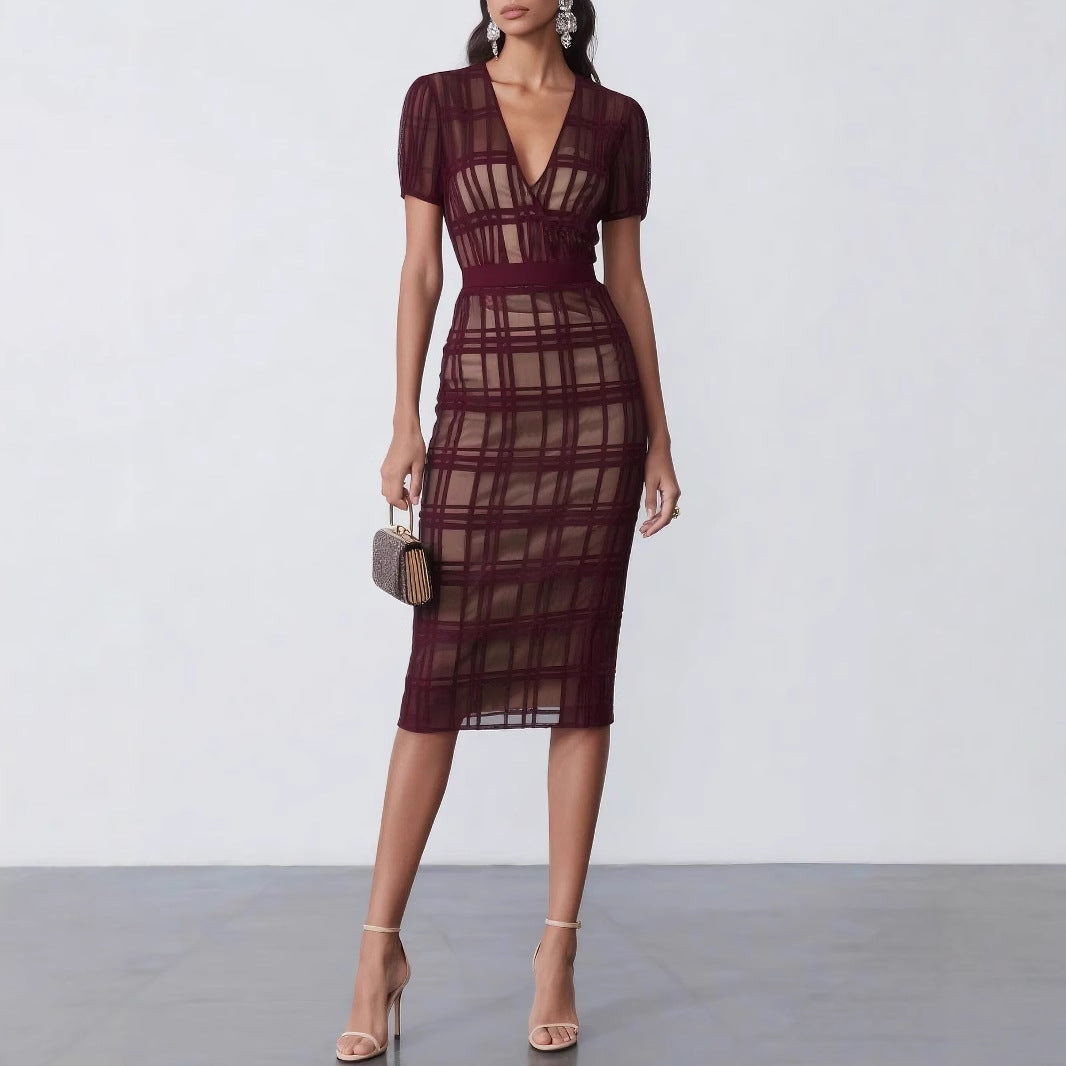 Dame Bodycon Mesh Midi Kjole med Rutmønster Stilla