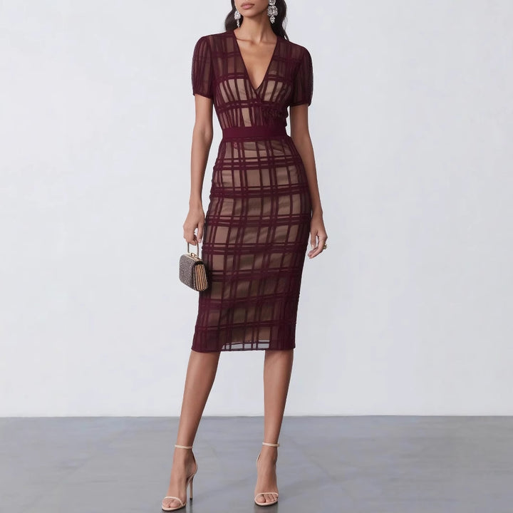 Dame Bodycon Mesh Midi Kjole med Rutmønster Stilla