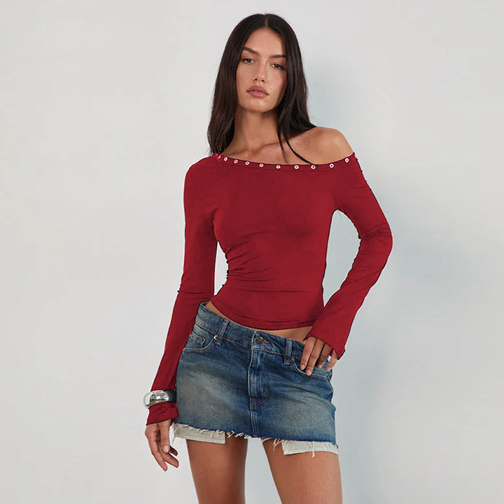 Kvinders Off-Shoulder Top med Fashionable Knapper og Figursyet Snit
