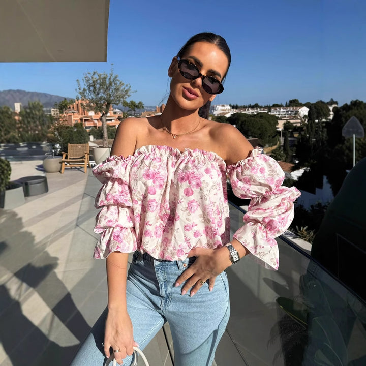Dame Off-Shoulder-bluse med volumniøse ærmer og blomsterdesign Stilla
