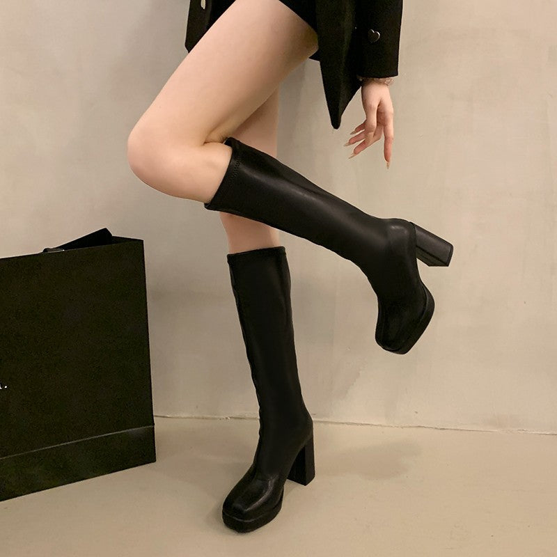 Dame Chunky Heel Knælange Støvler Stilla