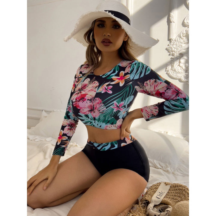 Dame Floral Print Langærmet Crop Top og Højskårne Badeshorts Sæt Stilla