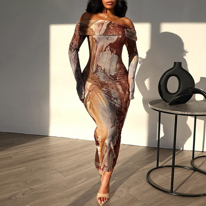 Frau Off-Shoulder Bodycon Midi Kjole med abstrakt Marmorprint Stilla