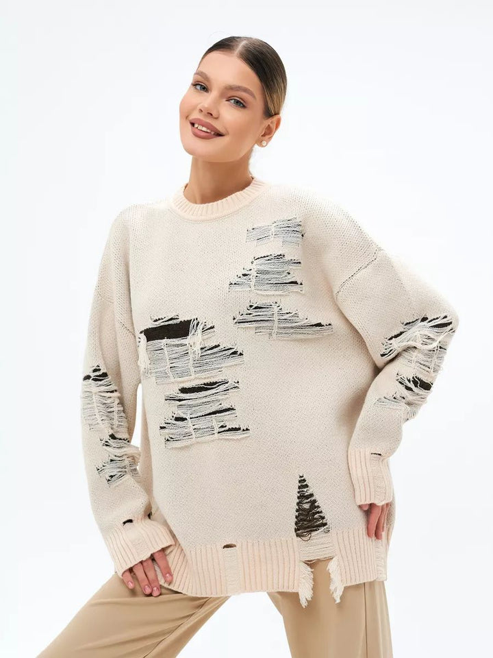 Dame Oversized Strikpullover med moderne Distressed-design og afslappede frynser Stilla