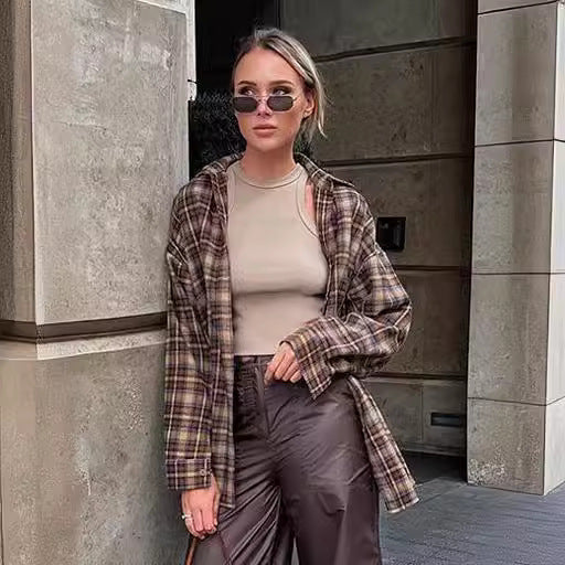 Femme Casual Oversized Ternet Flannel Skjorte Stilla