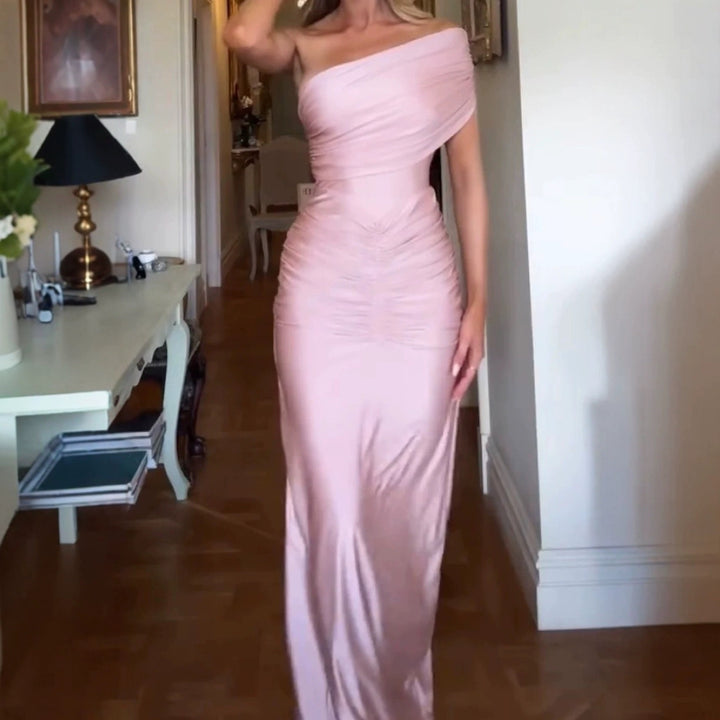 Dame Elegant Aften Kjole med Asymmetrisk Design og Samlinger