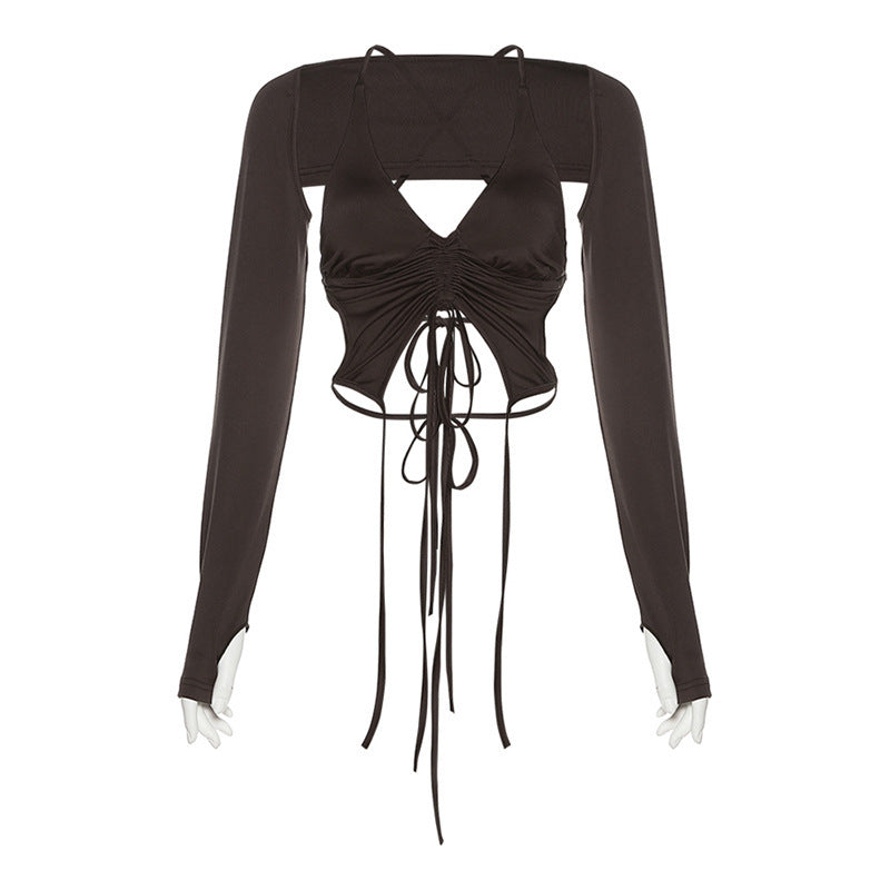 Dame Cropped top med innovativt snøre-design og lange ærmer Stilla