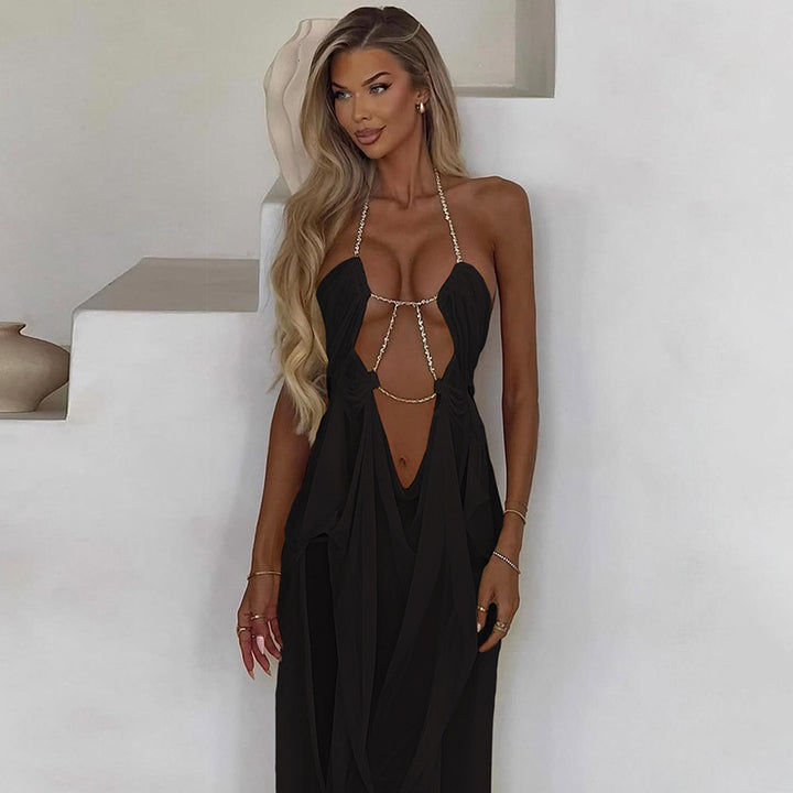 Damen Glamouröses Maxi-Kleid mit transparentem Design und geschmückten Ausschnitten Skovae