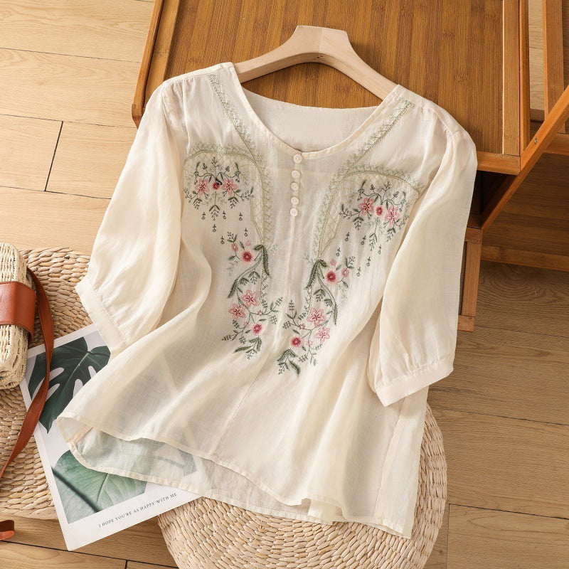 Dame bluse shirt med blomsterbroderi og knapbart udkant Stilla