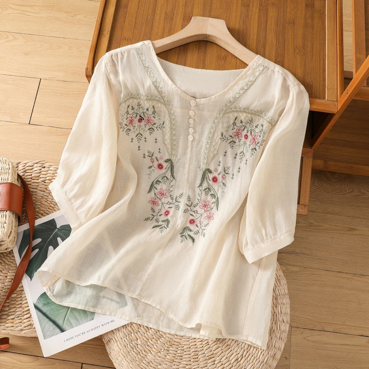 Dame bluse shirt med blomsterbroderi og knapbart udkant Stilla