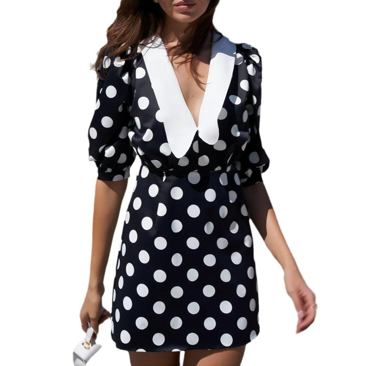 Dame Polka-Dot Mini-Kjole med dyb V-udskæring og pufærmer Stilla