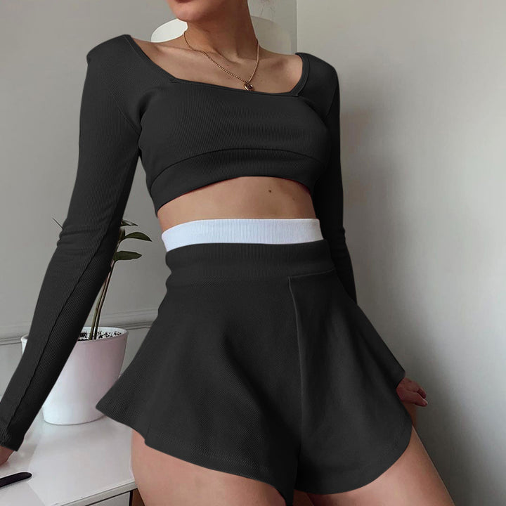 Dame smart Crop-Top med lange ærmer og svingende shorts Stilla
