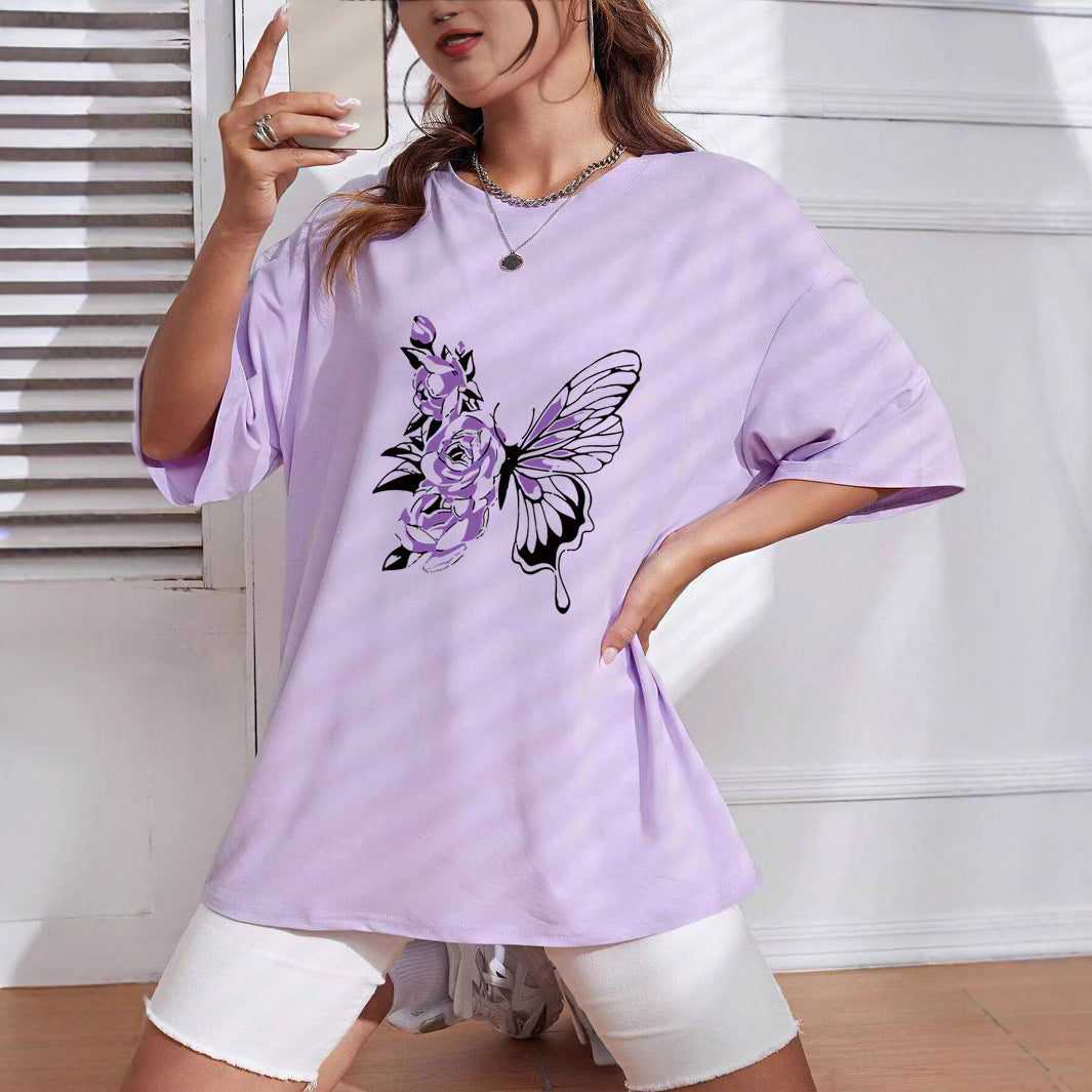 Dame Oversized T-Shirt med floralt sommerfugledesign og afslappet pasform Stilla