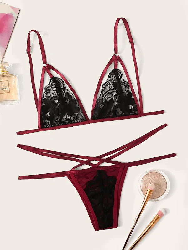 Dame Strappy Lace Bralette og String-Sæt Stilla