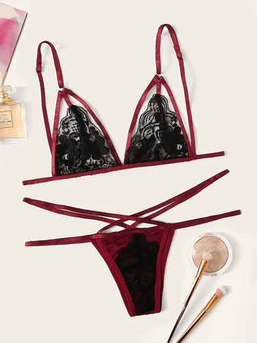 Dame Strappy Lace Bralette og String-Sæt Stilla
