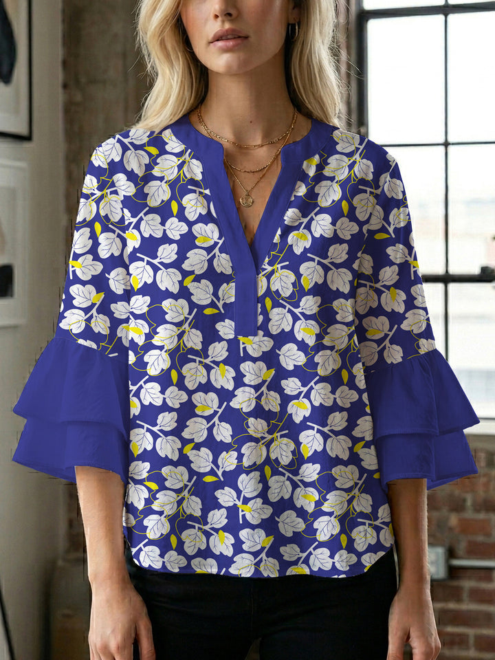 Dame skjorte med voluminøse ærmer og blomsterdesign Skovae