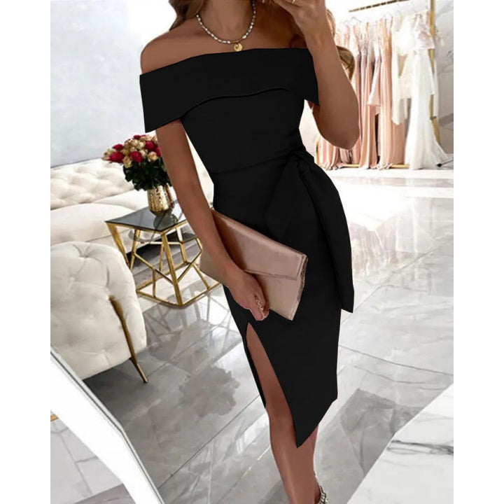 Dame Elegant Off-Shoulder Midi Kjole med Bindebælte Stilla
