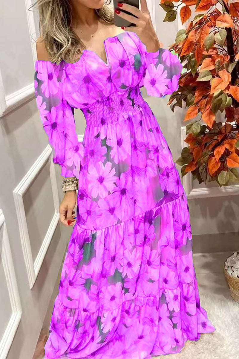 Stilla | Blomster Off Shoulder V-hals Maxi Kjole