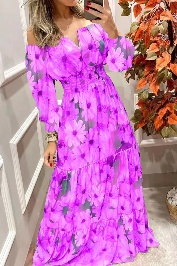 Stilla | Blomster Off Shoulder V-hals Maxi Kjole