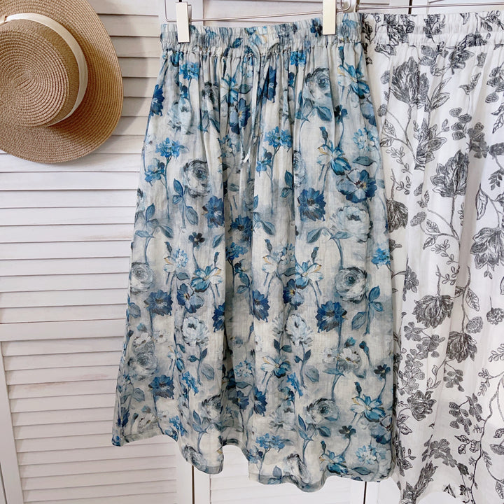 Dame Floral Print Midi Skirt med elastisk talje Stilla