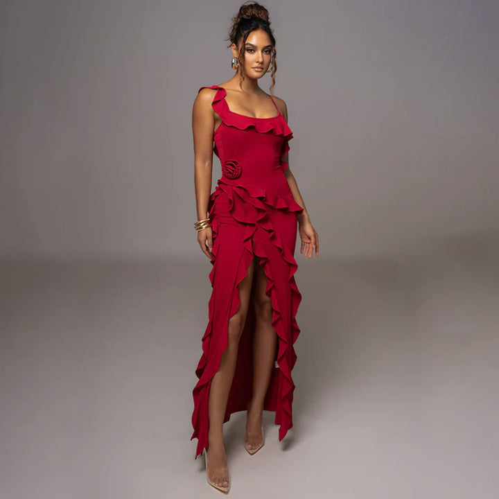 Dame Elegant Maxikjole med voluminøse flæse detaljer og høj split Stilla