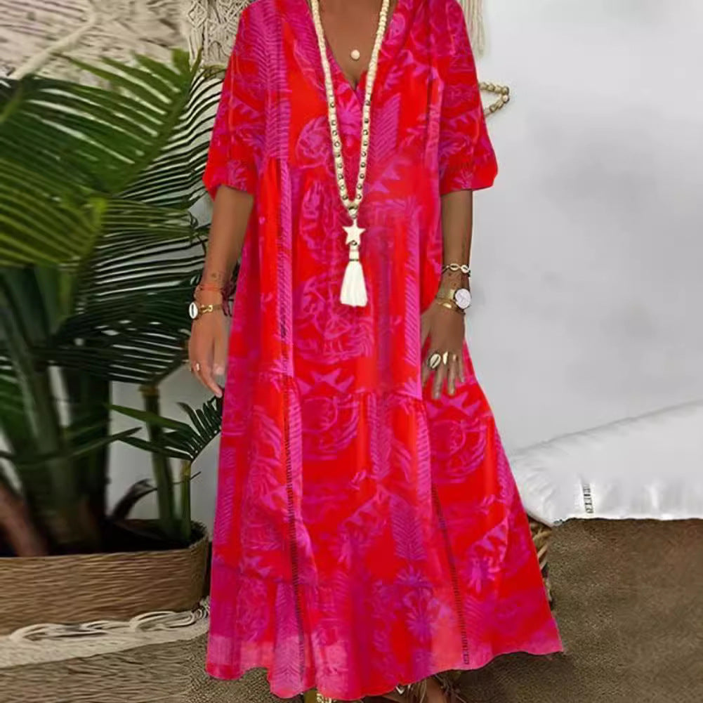 Dame elegant maxikjole med florale motiver og V-udskæring Stilla