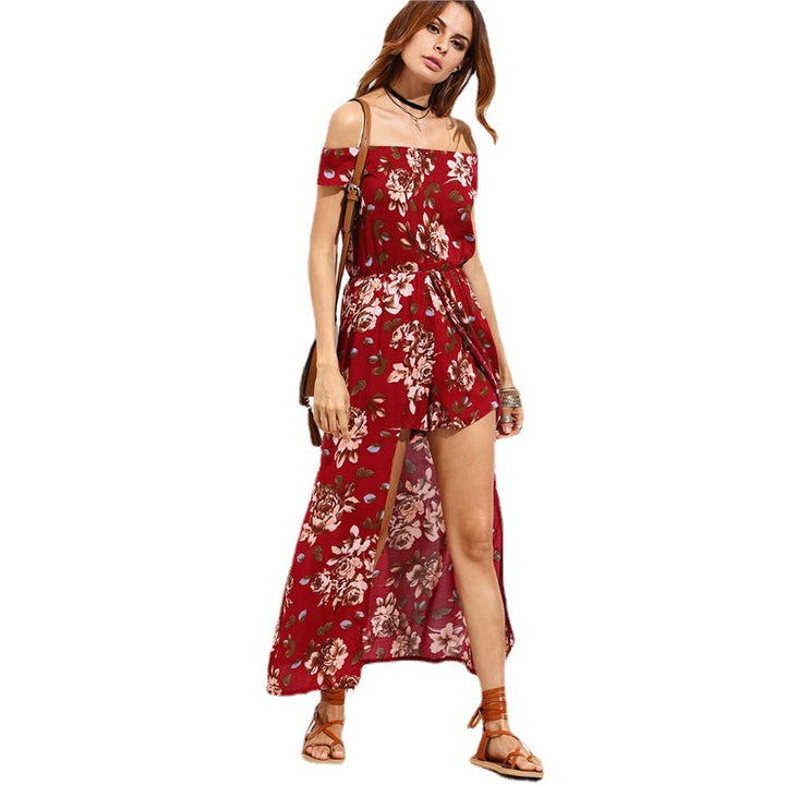 Dame Off-Shoulder Maxikjole med floral design og høj split Stilla
