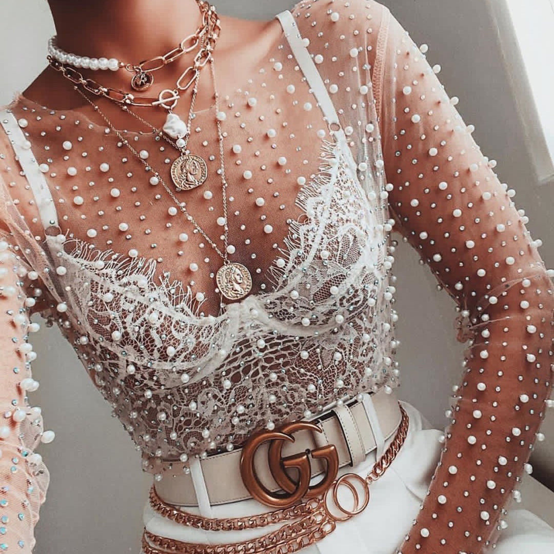 Dame Gennemsigtig Perlebesat Crop Top Stilla