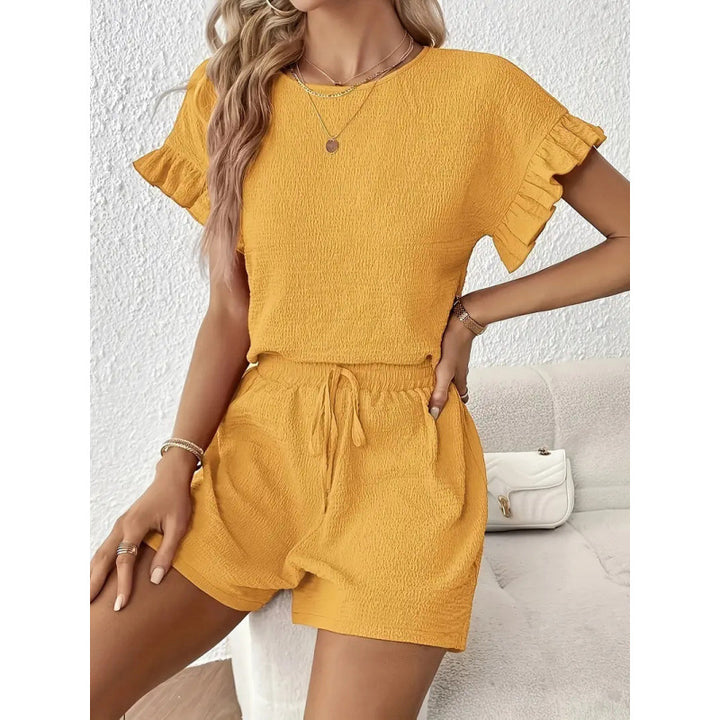 Dame afslappet shorts sæt med volang detaljer og elastisk talje Skovae