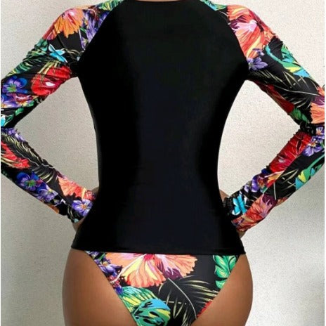 Dame Sporty Rashguard-Bikini-Sæt med blomsterdesign og lange ærmer Stilla