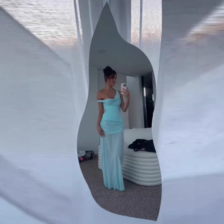 Dame elegant Maxikjole med rynker og asymmetrisk udskæring Skovae