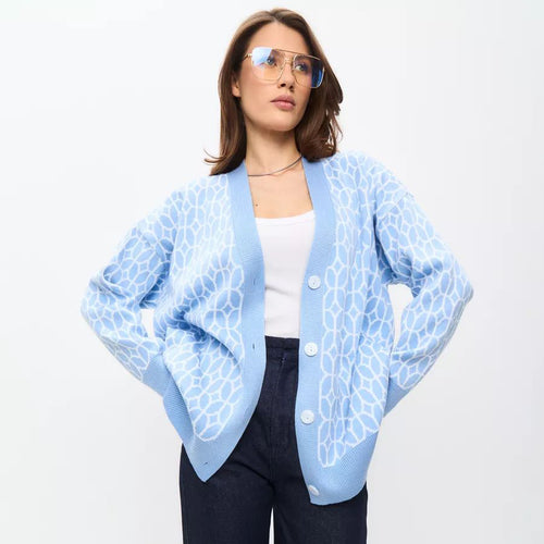 Dame strikk cardigan med moderne geometrisk mønster og behagelig pasform Stilla