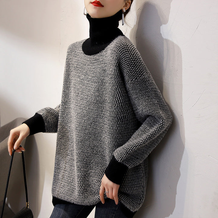 Kvinders chunky strik sweater med høj krave og moderne mønster Stilla