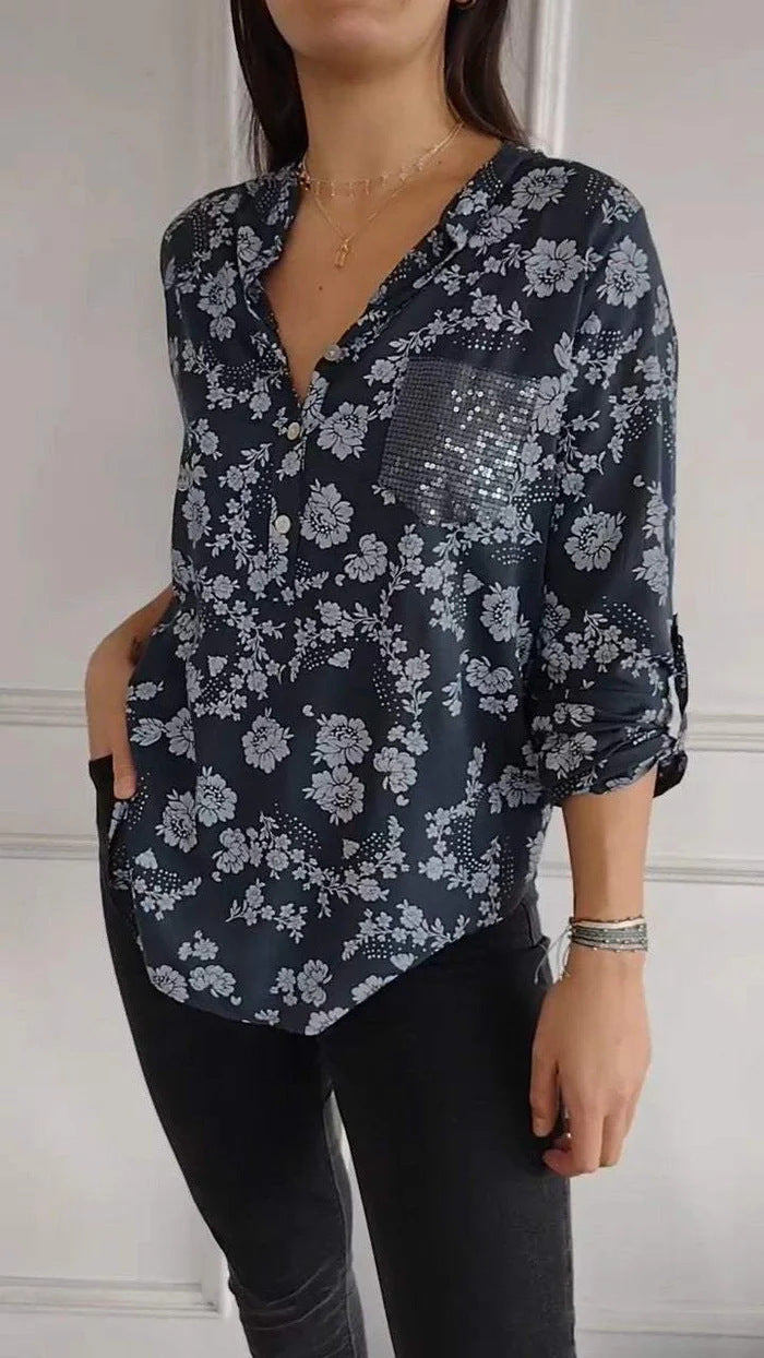 Dame blouse top med blomstermønster og glitrende pailletter Stilla